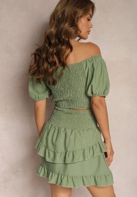 Renee - Zielony Komplet z Bawełną Spódnica z Gumką w Talii i Falbanką Bluzka Typu Hiszpanka Testalani. Kolor: zielony. Materiał: bawełna