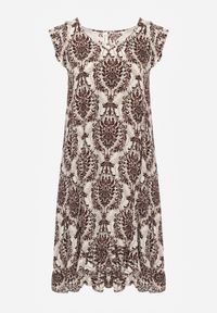 Renee - Brązowo-Beżowa Boho Sukienka z Bawełny na Ramiączkach Ozdobiona Falbanką Testalaya. Okazja: na co dzień, na spacer. Typ kołnierza: dekolt w serek. Kolor: brązowy. Materiał: bawełna. Długość rękawa: na ramiączkach. Wzór: aplikacja. Sezon: lato. Styl: boho #3