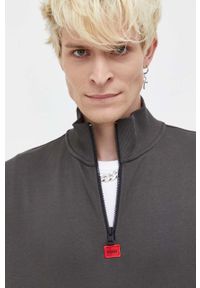 Hugo - HUGO bluza bawełniana męska kolor szary gładka. Kolor: szary. Materiał: bawełna. Długość: krótkie. Wzór: gładki, aplikacja #2