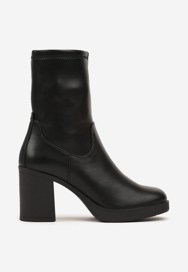 Born2be - Czarne Eleganckie Botki na Słupku z Dopasowaną Cholewką Rinnithra. Okazja: na spotkanie biznesowe. Kolor: czarny. Materiał: jeans. Szerokość cholewki: normalna. Obcas: na słupku. Styl: elegancki