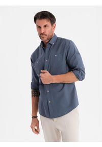 Ombre Clothing - Męska koszula lniana z klasycznym kołnierzykiem i kieszeniami REGULAR FIT – niebieska V4 OM-SHCS-0134 - XXL. Okazja: na co dzień. Typ kołnierza: kołnierzyk klasyczny. Kolor: niebieski. Materiał: len. Długość: długie. Wzór: aplikacja. Sezon: lato, wiosna. Styl: klasyczny #8