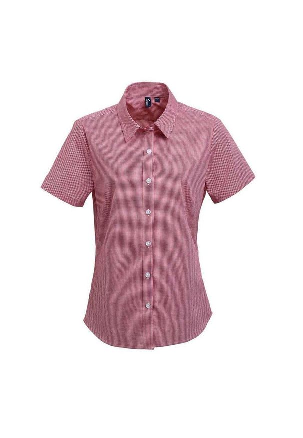 PREMIER - Damska Bawełniana Koszula Z Krótkim Rękawem W Kratkę Micro Gingham. Kolor: czerwony, wielokolorowy, biały. Materiał: bawełna. Długość rękawa: krótki rękaw. Długość: krótkie. Wzór: kratka