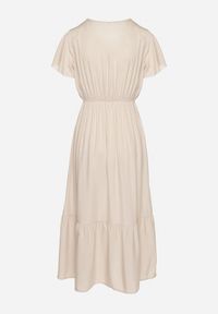 Born2be - Beżowa Bawełniana Sukienka o Rozkloszowanym Kroju z Wiązaniem w Talii Folarina. Okazja: na spacer, na co dzień. Typ kołnierza: dekolt w serek. Kolor: beżowy. Materiał: bawełna. Długość rękawa: krótki rękaw. Typ sukienki: rozkloszowane. Styl: casual, elegancki #5