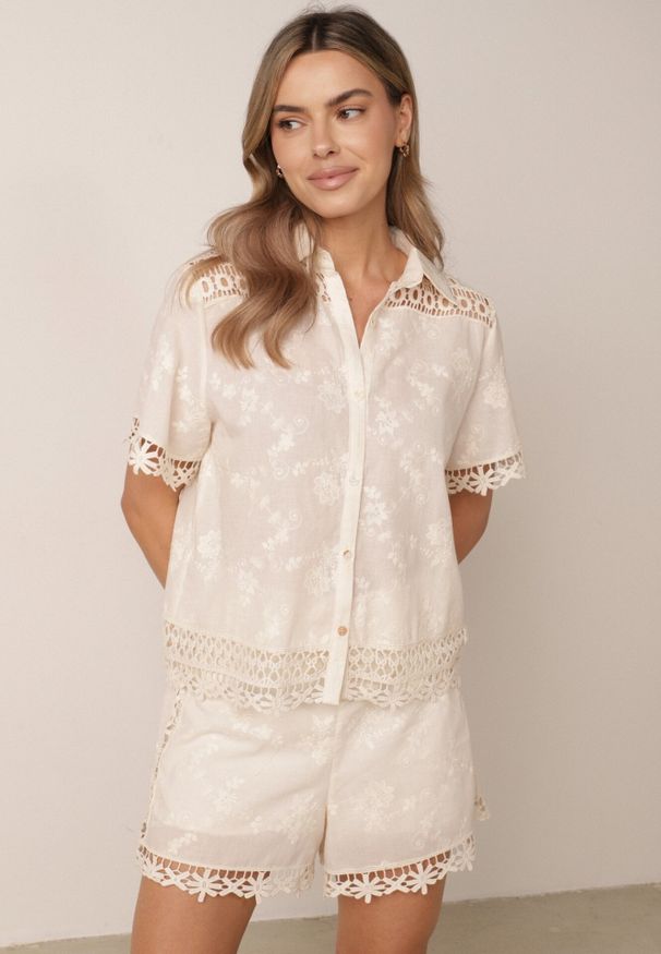 Born2be - Beżowy Bawełniany Komplet w Stylu Boho Koszula i Szorty z Haftem Lephine. Kolor: beżowy. Materiał: bawełna. Wzór: haft