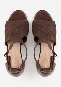 Renee - Brązowe Sandały Soft Fit VICES na Obcasie w Stylu Botków z Elastyczną Ażurową Cholewką Comfort Omphopis. Zapięcie: rzepy. Kolor: brązowy. Materiał: materiał, jeans. Wzór: ażurowy. Obcas: na obcasie. Wysokość obcasa: średni #9