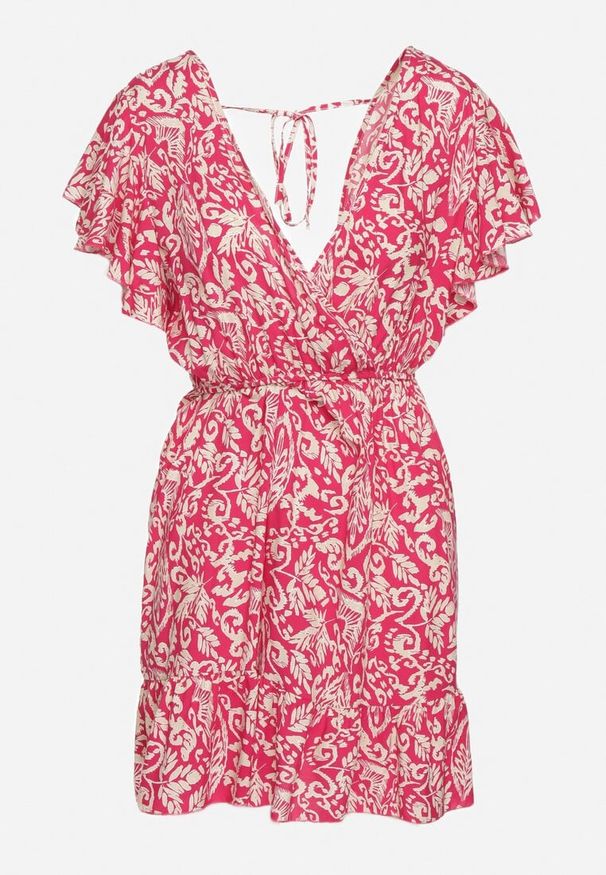 Born2be - Fuksjowa Rozkloszowana Bawełniana Sukienka z Gumką w Talii i Falbanami Nelsea. Okazja: na randkę, na co dzień. Typ kołnierza: dekolt w kształcie V. Kolor: różowy. Materiał: bawełna. Długość rękawa: krótki rękaw. Typ sukienki: rozkloszowane. Styl: casual, wizytowy