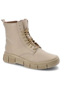 Trzewiki damskie Wasak, z gładkiej skóry naturalnej z wysoką cholewką i klasycznym sznurowaniem masywna podeszwa o ryflowanych bokach, ecru, 660. Wysokość cholewki: przed kolano. Kolor: beżowy. Materiał: skóra. Szerokość cholewki: normalna. Wzór: grochy, gładki. Obcas: na obcasie. Styl: klasyczny, elegancki. Wysokość obcasa: średni #1