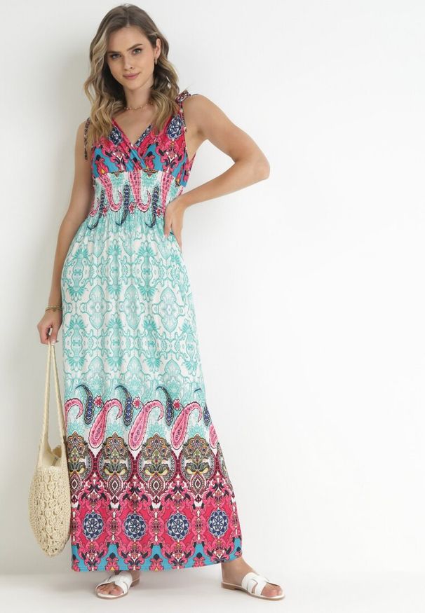 Born2be - Miętowo-Różowa Sukienka z Szeroką Gumką w Talii w Etno Wzór Caroli. Kolor: miętowy. Styl: etno