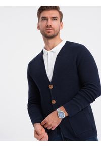 Ombre Clothing - Męski sweter strukturalny kardigan z kieszeniami - granatowy V3 OM-SWCD-0109 - XXL. Kolor: niebieski. Materiał: bawełna