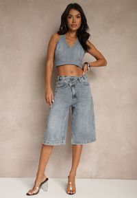 Renee - Niebieskie Asymetryczne Szorty Jeansowe Typu Bermudy Lilista. Okazja: na imprezę, na co dzień, na spacer. Stan: podwyższony. Kolor: niebieski. Materiał: jeans. Długość: długie. Sezon: lato. Styl: casual, elegancki #4