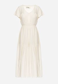 Renee - Jasnobeżowa Sukienka z Wiskozy o Rozkloszowanym Kroju z Falbanami Jonmy. Okazja: na co dzień. Typ kołnierza: dekolt w serek. Kolor: beżowy. Materiał: wiskoza. Długość rękawa: krótki rękaw. Wzór: aplikacja. Sezon: lato. Styl: casual, elegancki #7