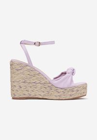 Renee - Fioletowe Sandały z Ozdobnym Węzełkiem Na Wysokim Koturnie z Jutą i Kontrastową Nitką Liahona. Kolor: fioletowy. Wzór: kolorowy. Obcas: na koturnie #3