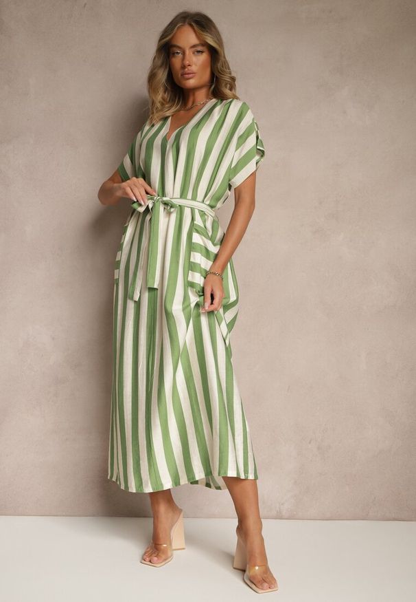 Renee - Zielona Pudełkowa Sukienka z Wiskozą z Motywem Pasków i Wiązaniem Lumierae. Okazja: na co dzień. Kolor: zielony. Materiał: wiskoza. Styl: elegancki, casual