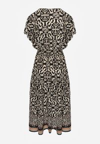 Renee - Czarno-Beżowa Sukienka z Bawełny z Trójkątnym Dekoltem i Gumką w Talii Zapinana na Guziki Lavlea. Okazja: na co dzień. Kolor: czarny. Materiał: bawełna. Długość rękawa: krótki rękaw. Sezon: lato. Typ sukienki: proste. Styl: casual, wizytowy #8