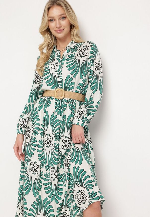 Born2be - Zielono-Biała Sukienka z Wiskozy z Podpinanymi Rękawami Zapinana na Guziki z Falbanką Kiosara. Typ kołnierza: dekolt w serek. Kolor: zielony. Materiał: wiskoza. Sezon: wiosna, lato. Styl: klasyczny, elegancki
