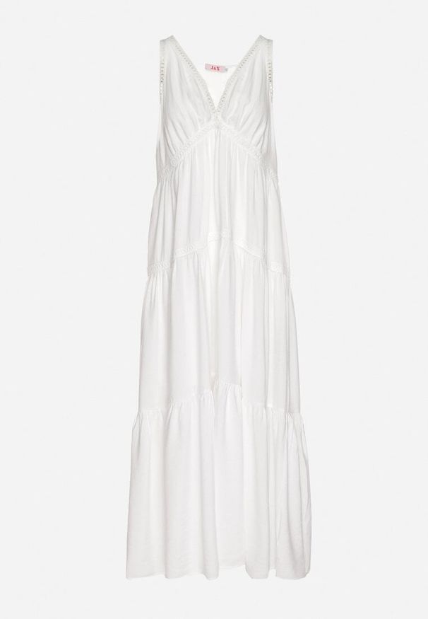 Born2be - Biała Sukienka z Wiskozą i Szydełkowym Wzorem Meviellea. Okazja: na co dzień. Typ kołnierza: dekolt w kształcie V. Kolor: biały. Materiał: wiskoza. Wzór: haft. Styl: casual, elegancki