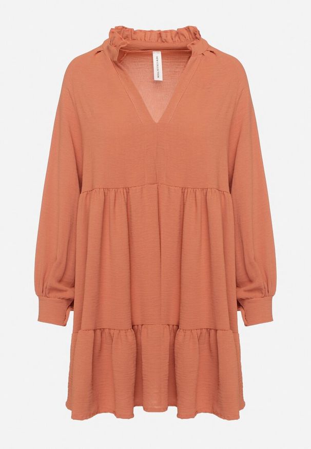Born2be - Pomarańczowa Luźna Sukienka Mini z Falbanką i Mankietami na Rękawach Vertecja. Kolor: brązowy. Długość: mini
