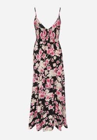 Born2be - Czarna Sukienka Damaia. Typ kołnierza: kołnierz z falbankami. Kolor: czarny. Materiał: wiskoza. Długość rękawa: na ramiączkach. Wzór: kwiaty. Długość: maxi #2