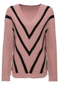 Sweter bonprix różowobrązowo-czarny w paski. Kolor: różowy. Materiał: dzianina. Wzór: paski #1