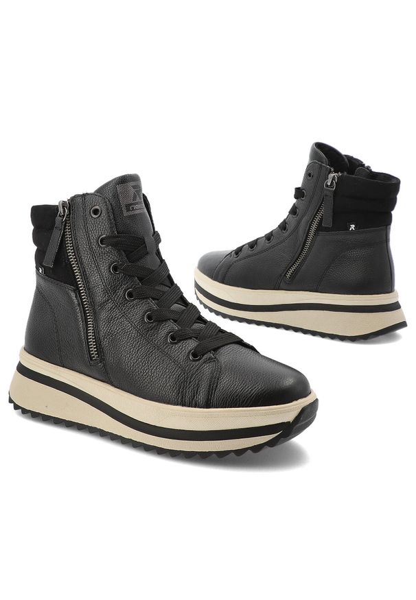 Czarne Sneakersy Rieker Wygodne Obuwie Damskie Na Platformie. Zapięcie: sznurówki. Kolor: czarny. Materiał: skóra. Obcas: na platformie. Sport: turystyka piesza