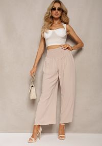 Renee - Beżowe Spodnie Kuloty High Waist z Gumką w Talii Lipadre. Stan: podwyższony. Kolor: beżowy. Długość: krótkie #4
