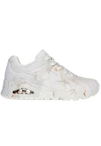 skechers - Buty do chodzenia damskie Skechers Street Uno. Kolor: biały. Materiał: materiał, syntetyk. Wzór: motyw z bajki. Sport: turystyka piesza