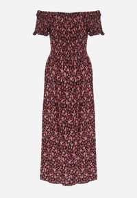 Born2be - Czerwono-Czarna Sukienka z Wiskozy Cheri. Typ kołnierza: dekolt hiszpanka. Kolor: czerwony. Materiał: wiskoza. Wzór: kwiaty. Sezon: lato. Typ sukienki: rozkloszowane. Długość: maxi #4