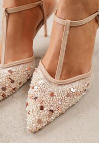 Renee - Beżowe Eleganckie Szpilki na Szpilce z Siateczkowym Noskiem z Koralikami Riosira. Zapięcie: pasek. Kolor: beżowy. Obcas: na szpilce. Styl: elegancki #6