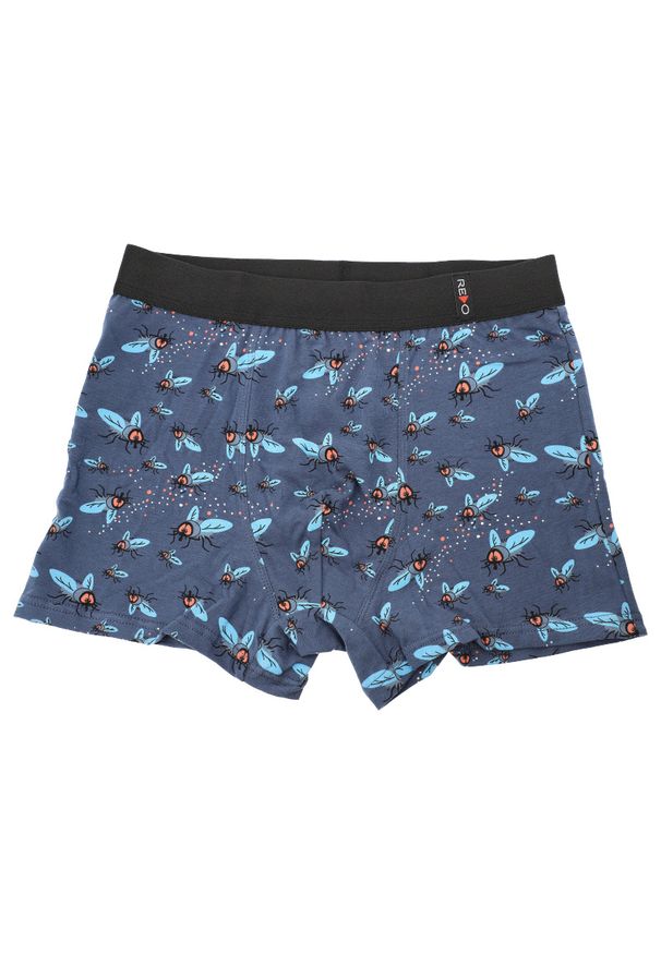 Granatowe Męskie Bokserki Muchy Redo. Kolor: niebieski. Materiał: tkanina, bawełna, elastan. Wzór: aplikacja