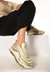 Born2be - Złote Buty Sportowe Shady Life. Nosek buta: okrągły. Kolor: złoty. Materiał: materiał, jeans. Szerokość cholewki: normalna #1