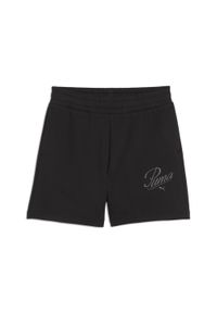 Puma - Damskie szorty z wysokim stanem ESS SCRIPT 5" PUMA Black. Stan: podwyższony. Kolor: czarny. Długość: krótkie