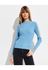 OFF-WHITE - Niebieski sweter z logo. Kolor: niebieski. Materiał: wiskoza. Długość rękawa: długi rękaw. Długość: długie. Wzór: aplikacja