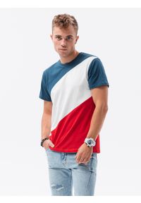 Ombre Clothing - T-shirt męski bawełniany trzykolorowy - niebiesko/czerwony V6 S1627 - XXL. Kolor: czerwony. Materiał: bawełna