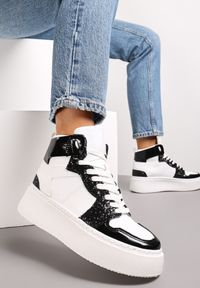 Renee - Biało-Czarne Sznurowane Sneakersy za Kostkę z Brokatem i Metalicznymi Wstawkami Sareena. Wysokość cholewki: za kostkę. Kolor: biały #1