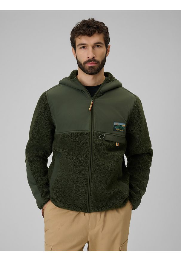 4f - 4F Polar sherpa regular z kapturem męski - khaki S. Typ kołnierza: kaptur. Kolor: oliwkowy, wielokolorowy, brązowy. Materiał: polar