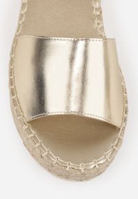 Renee - Złote Sandały VICES na Plecionej Platformie z Zapięciem na Pasek z Klamrą Evimoni. Zapięcie: klamry. Kolor: złoty. Materiał: len. Obcas: na platformie #6