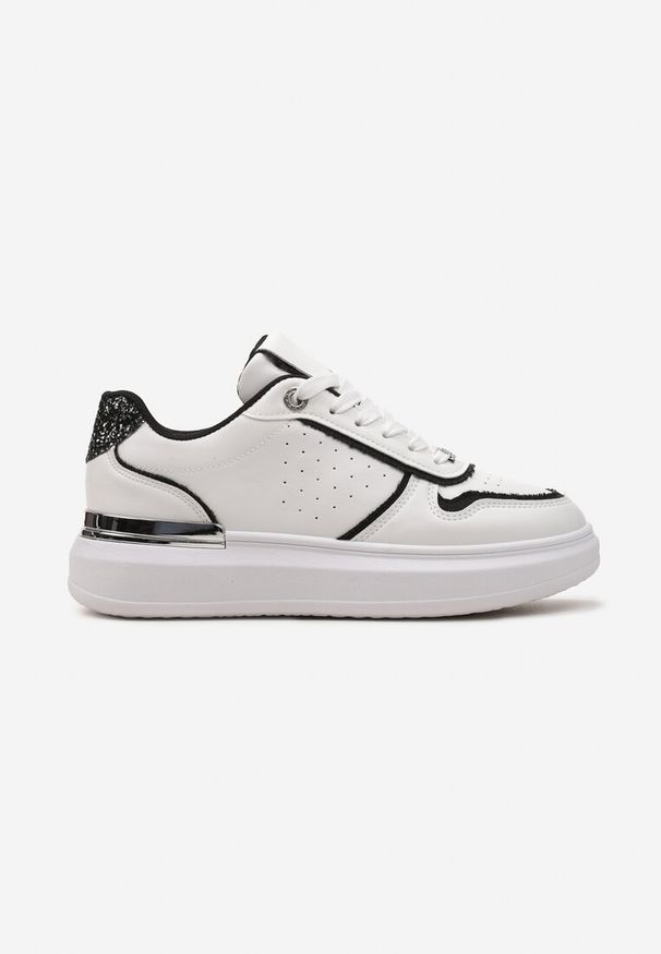 Renee - Biało-Czarne Sneakersy na Platformie Ozdobione Brokatem i Metaliczną Wstawką Mexia. Kolor: biały. Wzór: aplikacja. Obcas: na platformie