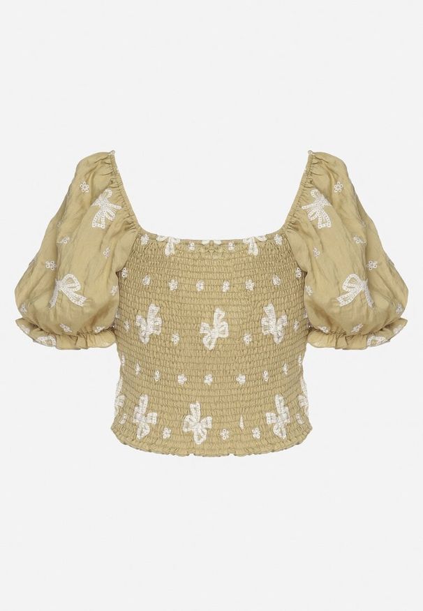 Born2be - Zielona Bluzka Ozdobiona Haftami w Kokardki z Bufiastymi Rękawami Eframara. Typ kołnierza: kokarda. Kolor: zielony. Materiał: jeans. Wzór: aplikacja, haft. Styl: elegancki, klasyczny