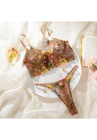 Intica - Komplet haftowanej bielizny z biustonoszem i majtkami tanga Dulina. Kolor: brązowy. Materiał: materiał. Wzór: haft #1