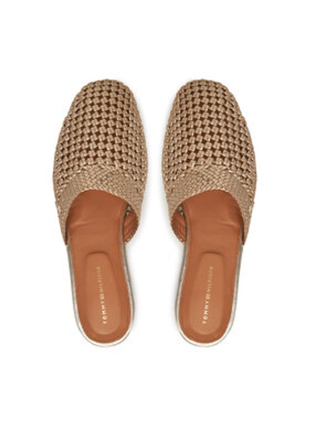 TOMMY HILFIGER - Tommy Hilfiger Klapki Crochet Metallic Leather Mule FW0FW08606 Złoty. Kolor: złoty. Materiał: skóra