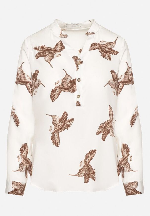 Born2be - Biała Koszula z Bawełną z Motywem Ptaków Lumavisse. Okazja: na co dzień. Typ kołnierza: kołnierzyk klasyczny. Kolor: biały. Materiał: bawełna. Styl: klasyczny, casual, elegancki