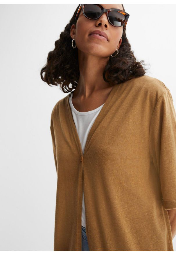 bonprix - Długi kardigan w optyce lnu. Kolor: beżowy. Materiał: len. Długość: długie