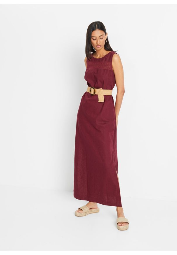 bonprix - Długa sukienka lniana w ażurowy wzór, z rozcięciem z boku. Kolor: czerwony. Materiał: len. Wzór: ażurowy. Długość: maxi