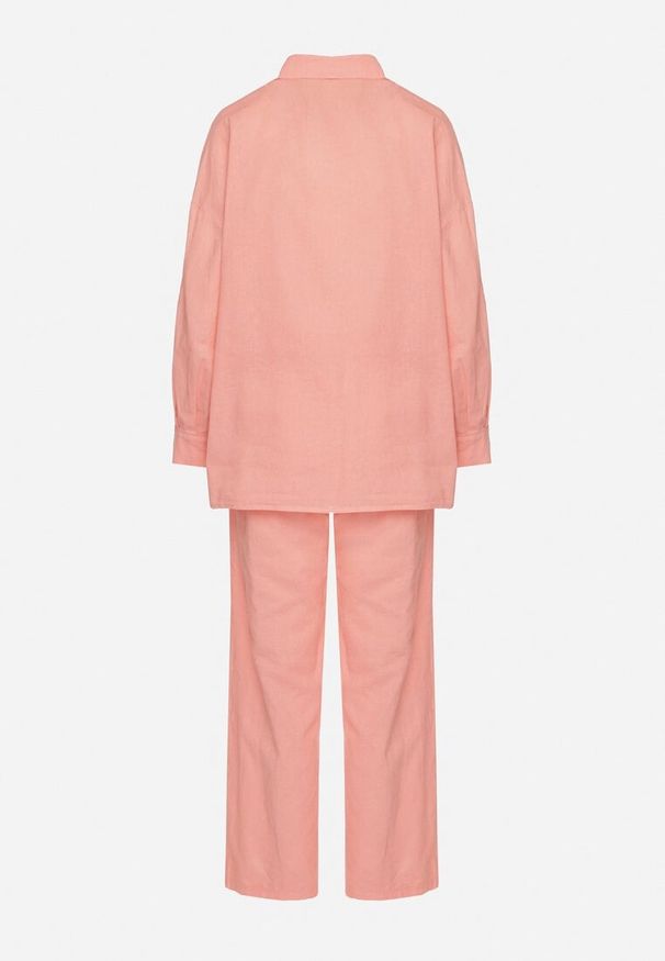Born2be - Jasnoróżowy Komplet z Lnu i Bawełny Koszula i Szerokie Spodnie Fenelli. Kolor: różowy. Materiał: len, bawełna