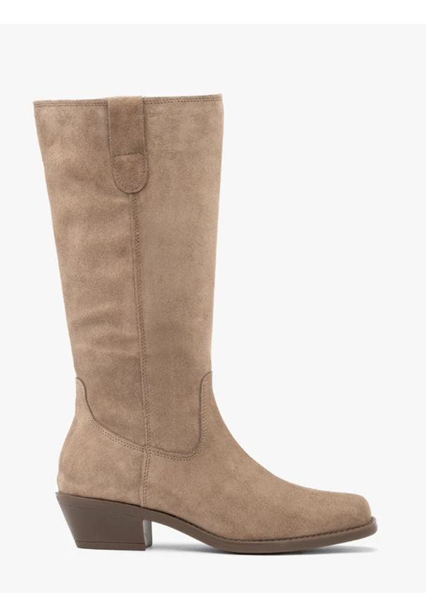 Ryłko - Szarobeżowe kozaki ze skóry welurowej. Wysokość cholewki: przed kolano. Zapięcie: zamek. Kolor: szary. Materiał: skóra, welur. Szerokość cholewki: normalna. Obcas: na obcasie. Styl: street, elegancki. Wysokość obcasa: średni