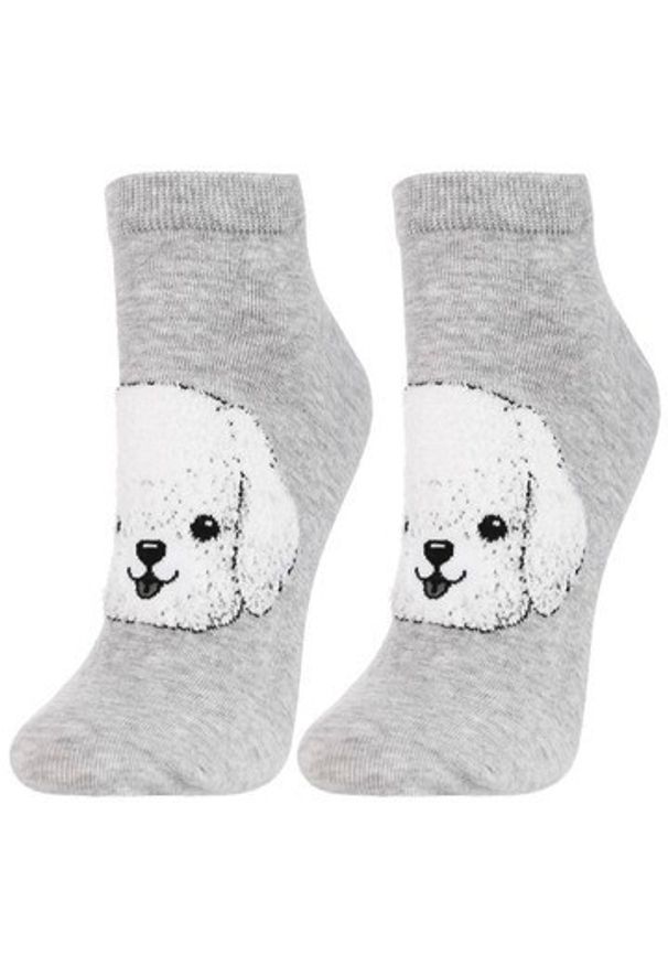 Skarpetki damskie Moraj, bawełniane w pieski i misie wysokie i elastyczne 3 pary, beżowe-szare-białe, CSD240-143. Kolor: beżowy. Materiał: bawełna. Wzór: aplikacja, haft