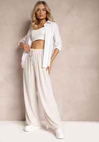 Renee - Jasnobeżowe Spodnie High Waist ze Sznurkiem w Talii i Prostą Nogawką Raveann. Okazja: na co dzień. Stan: podwyższony. Kolor: beżowy. Styl: casual #6