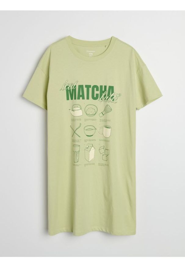 Sinsay - Bawełniana koszula nocna z napisem Matcha - zielony. Kolor: zielony. Materiał: bawełna. Wzór: napisy