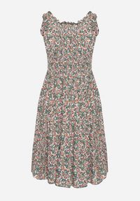 Born2be - Zielono-Różowa Rozkloszowana Sukienka z Bawełny Wykończona Gumką w Talii Nelaris. Okazja: na randkę, na imprezę. Typ kołnierza: dekolt hiszpanka. Kolor: zielony. Materiał: bawełna. Długość rękawa: na ramiączkach. Styl: boho #4