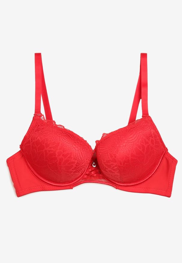 Renee - Czerwony Biustonosz Push Up z Ozdobną Koronką i Zawieszką Gialine. Kolor: czerwony. Materiał: koronka. Rodzaj stanika: push-up. Wzór: koronka